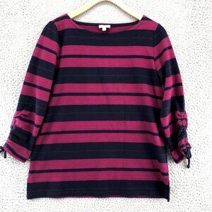 Talbots Top Womens Small Petite Navy Pink Stripe Knit Cinch Long Sleeve Pullover